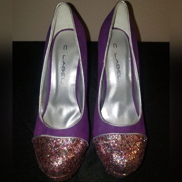 C Label Purple Suede Platform Glitter Heels Size 6.5 - Picture 5 of 7